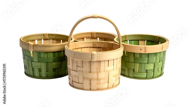 Fototapeta Three handcrafted woven baskets with cylindrical bodies and handles, on a dark background