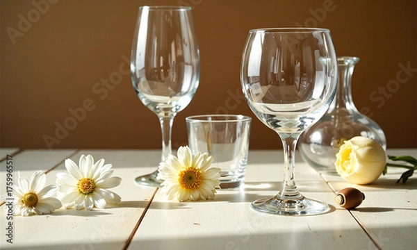 Obraz warm delicate flowers elegant glasses arranged artfully minimalist wooden