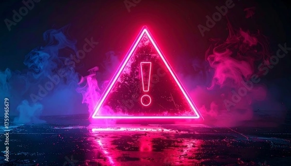 Obraz Neon-lit warning sign with exclamation point, smoke effects
