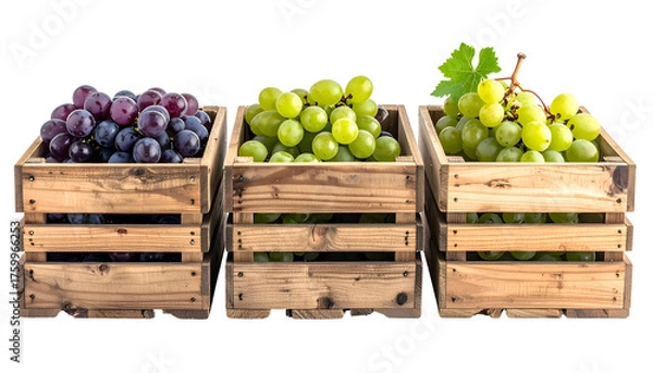 Obraz Three wooden crates display different grape varieties purple, green, and light green