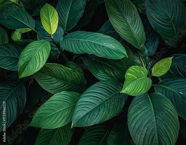 Obraz Overhead shot reveals verdant, textured leaves in various shades of green