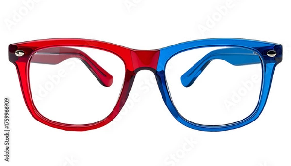 Fototapeta Eyeglasses with one red and one blue lens, set against a black background