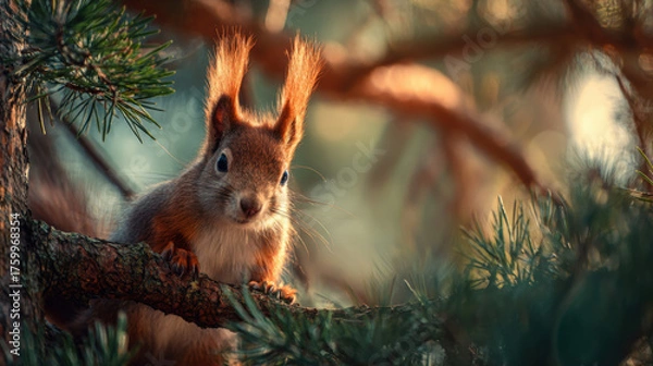 Fototapeta Red Squirrel on Pine Branch