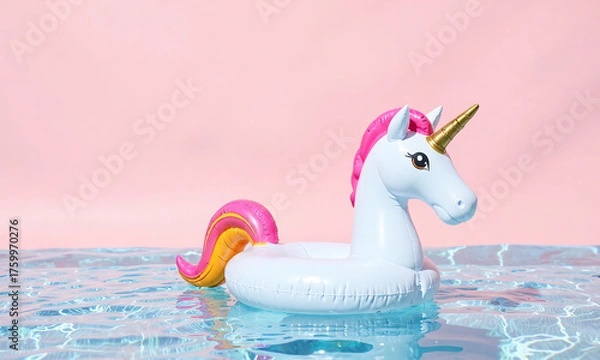 Fototapeta pastel pink background vibrant inflatable unicorn pool toy partially submerged water soft natural