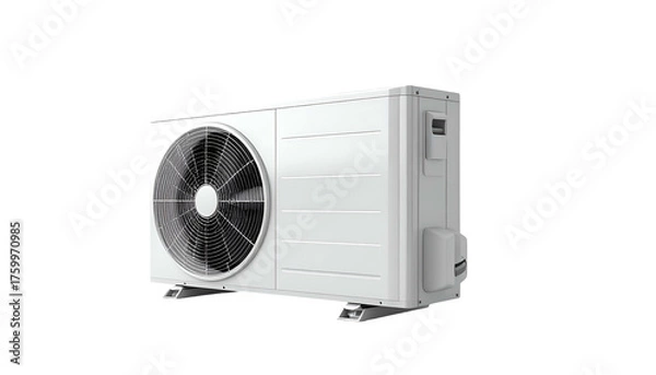 Fototapeta Side view of a modern white outdoor unit with a fan and panel structure