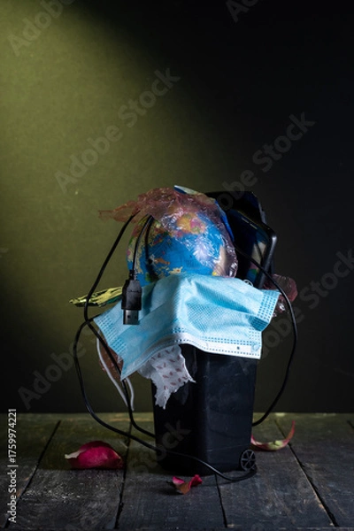 Fototapeta Ecological Crisis. Waste Bin with Mixed Pollution Symbols.