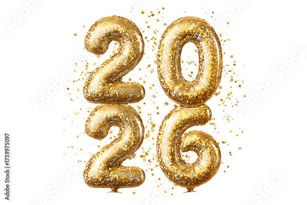 Fototapeta Golden Glitter Balloon 2026 New Year Date with Confetti, isolated on a transparent background.