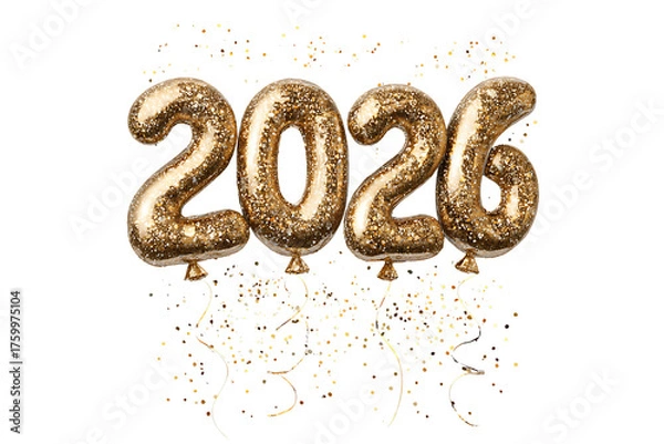 Fototapeta Golden Glitter Balloon 2026 New Year Date with Confetti, isolated on a transparent background.