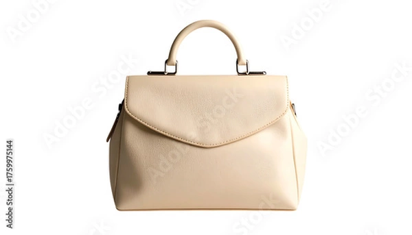 Fototapeta Beige leather satchel handbag with curved flap and handles, isolated on black background