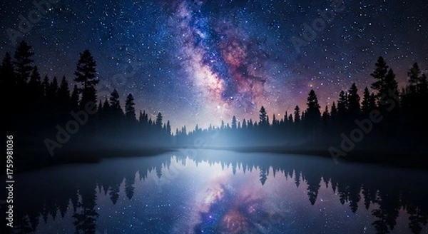 Fototapeta Milky way above forest reflected in calm lake surface