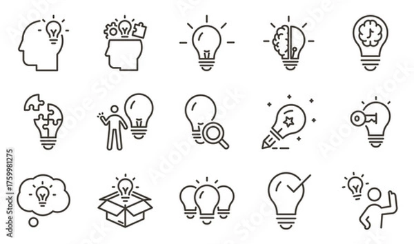 Obraz Creativity, innovation, lightbulbs and ideas icon set. Thin line editable stroke icons for brainstorming, imagination, design thinking, creative process, invention, inspiration, and problem solving.