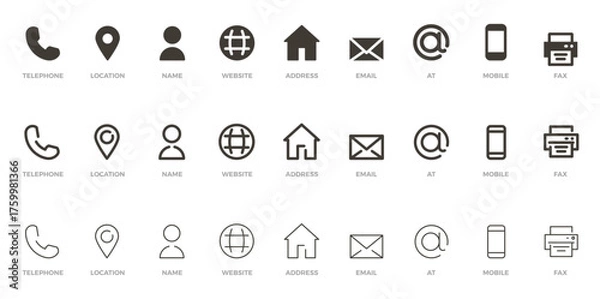 Fototapeta Business card and contact information icon set graphic elements. Flat filled and thin line editable stroke icons for phone, email, address, location, website, fax, and personal data symbols.