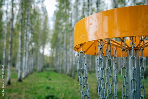 Fototapeta closeup yellow discgolf basket