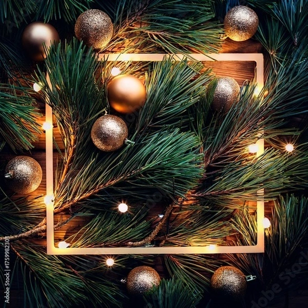 Obraz Tight frame on pine needles interspersed with gleaming decorations and luminous strands
