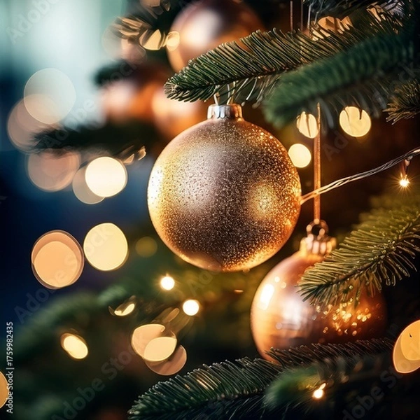 Obraz Tight frame on pine needles interspersed with gleaming decorations and luminous strands