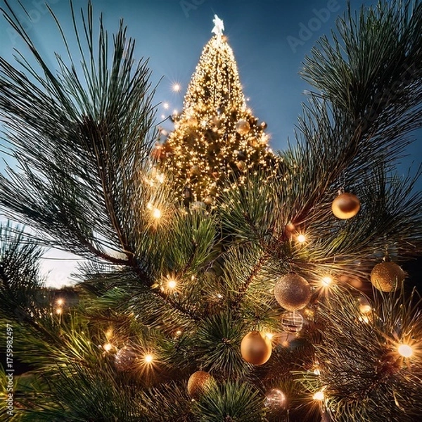 Obraz Tight frame on pine needles interspersed with gleaming decorations and luminous strands