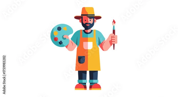 Fototapeta Artistic Expression: A Painter in an Apron Holding Palette and Brush for Design