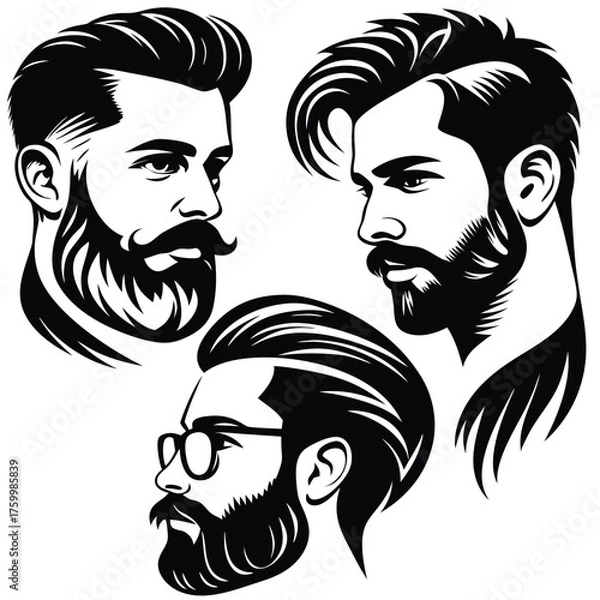 Fototapeta Three diverse men showcase stylish beards and hairstyles in this striking black artwork