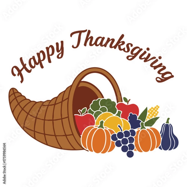 Fototapeta Happy Thanksgiving Cornucopia Harvest Basket Vector Illustration