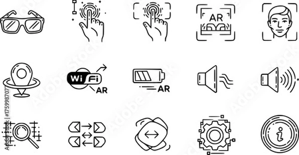 Fototapeta Augmented Reality (AR) & Smart Glasses UI Black Silhouette Line Art: Holographic Hand Interaction, Facial Scan, and AR Overlay UI Icons for Tech.
