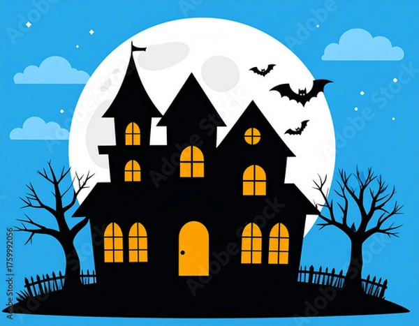 Fototapeta Dark haunted house silhouette under a full moon with bats flying around. Ideal for Halloween invitations, posters, spooky backgrounds, and themed party designs.