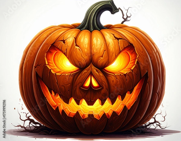 Fototapeta Frightening jack-o’-lantern illustration with fiery glowing eyes and carved grin. Perfect for Halloween designs, digital stickers, and spooky themed artwork.