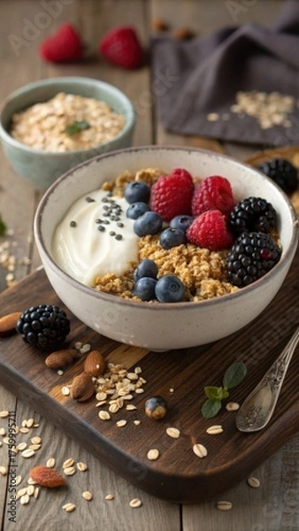 Obraz Bowl of granola with yogurt, berries, and nuts on a wooden board
