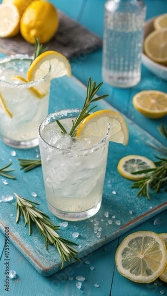 Obraz Refreshing homemade rosemary lemonade with lemon slices on blue board