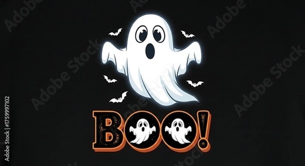 Fototapeta Spooky ghost character and "boo" text graphic perfect for halloween decorations and crafts