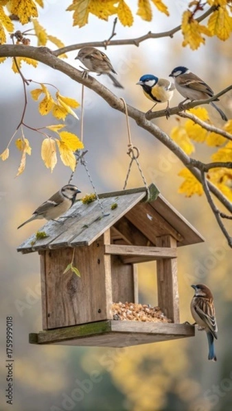 Obraz Sparrows and great tit on a branch with yellow leaves near a birdhouse