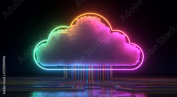 Fototapeta Glowing Cloud Computing Icon with Vibrant Neon Digital Technology Background
