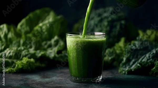 Fototapeta A stream of vibrant green juice pours into a glass surrounded by fresh leafy greens against a dark background