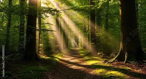 Obraz Sunlight Through Forest Trees Creates Serene Woodland Path Scene
