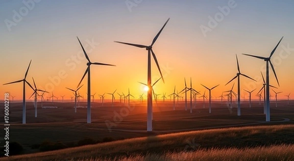 Obraz Wind turbine farm at sunset providing clean renewable energy source