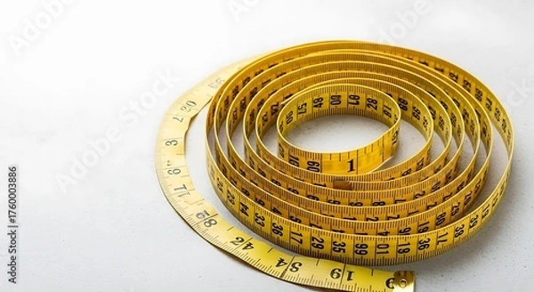 Obraz Yellow Measuring Tape Coiled on a White Surface Close Up Shot