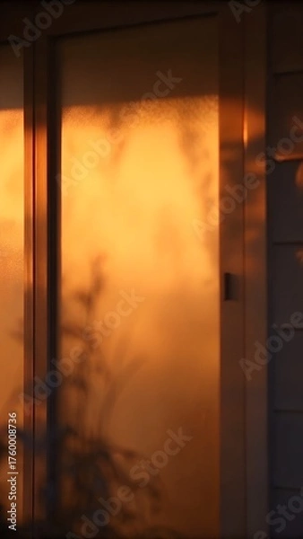 Fototapeta Warm Golden Sunlight Filtering Through Frosted Glass Door Casting Delicate Plant Shadows on Wooden Frame