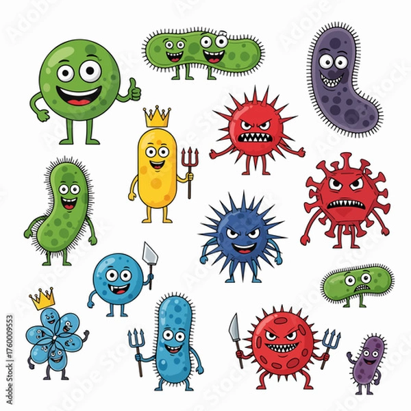 Fototapeta Collection of cute and colorful monster characters displayed in a grid layout. Each playful monster has unique features and expressions, perfect for children s themes.