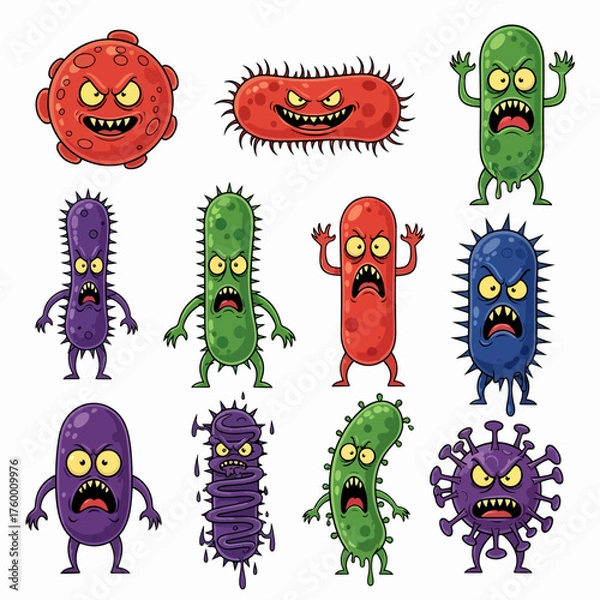 Obraz Cartoon bacteria mascot. Virus character, bacterias with funny faces. Color microbes and disease viruses isolated vector illustration set. Monster creature organism, bacteria and microbe