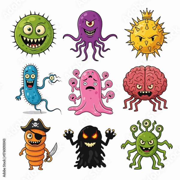 Fototapeta Cartoon bacteria mascot. Virus character, bacterias with funny faces. Color microbes and disease viruses isolated vector illustration set. Monster creature organism, bacteria and microbe