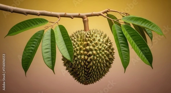 Fototapeta Intricate Durian Fruit Hanging from Branch with Vivid Green Leaves Backdrop