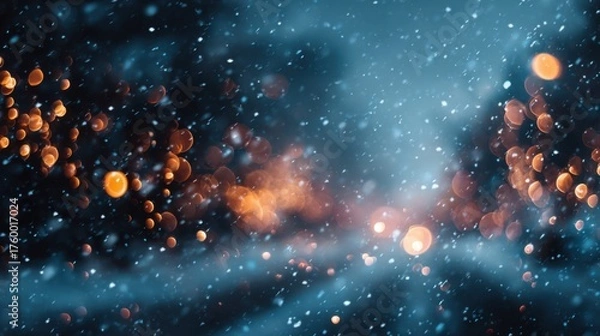 Fototapeta winter bokeh lights in falling snow