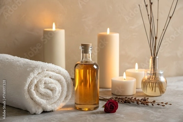 Obraz Spa relaxation with candles massage oil and rolled towel