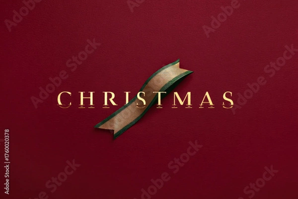 Obraz Stylish burgundy Christmas background featuring gold typography crossed by gold-green ribbon. Clean luxury flat lay with generous copy space. Minimalist Banners, website headers, posters brand design.