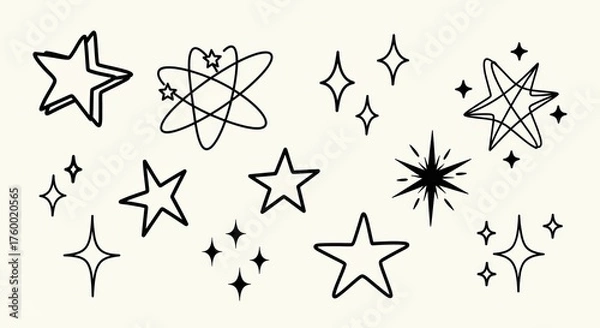 Fototapeta Star Doodle Vector Set with Orbit Lines and Sparkling Twinkle Elements , Isolated Minimalist Line Art Collection