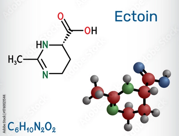 Fototapeta Ectoin molecule. Extremolyte osmoprotectant for skincare hydration, barrier and UV protection, nasal and eye spray soothing in allergy care. Vector illustration