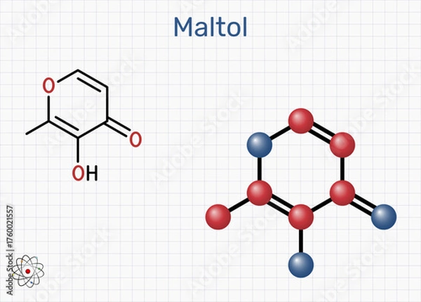 Fototapeta Maltol E636 molecule. Flavour enhancer and aroma compound. Sheet of paper in a cage. Molecular model. Vector Illustration
