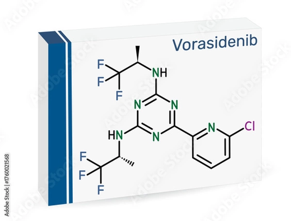 Fototapeta Vorasidenib molecule. Used to treat certain types of brain tumours in selected patients with genetic mutations. Skeletal chemical formula. Paper packaging for drugs. Vector illustration