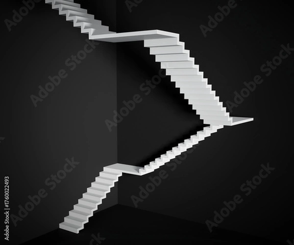 Fototapeta White stairs against dark walls; abstract architectural scene with steps; minimal design elements; 3d rendering, 3d illustration