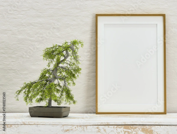 Fototapeta Mock up poster frame on white plaster wall with bonsai tree on old wooden table; portrait orientation; stylish frame mock up; 3d rendering, 3d illustration