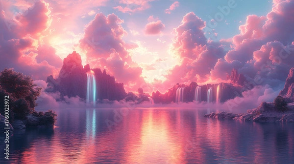 Obraz a beautiful sunset with a waterfall